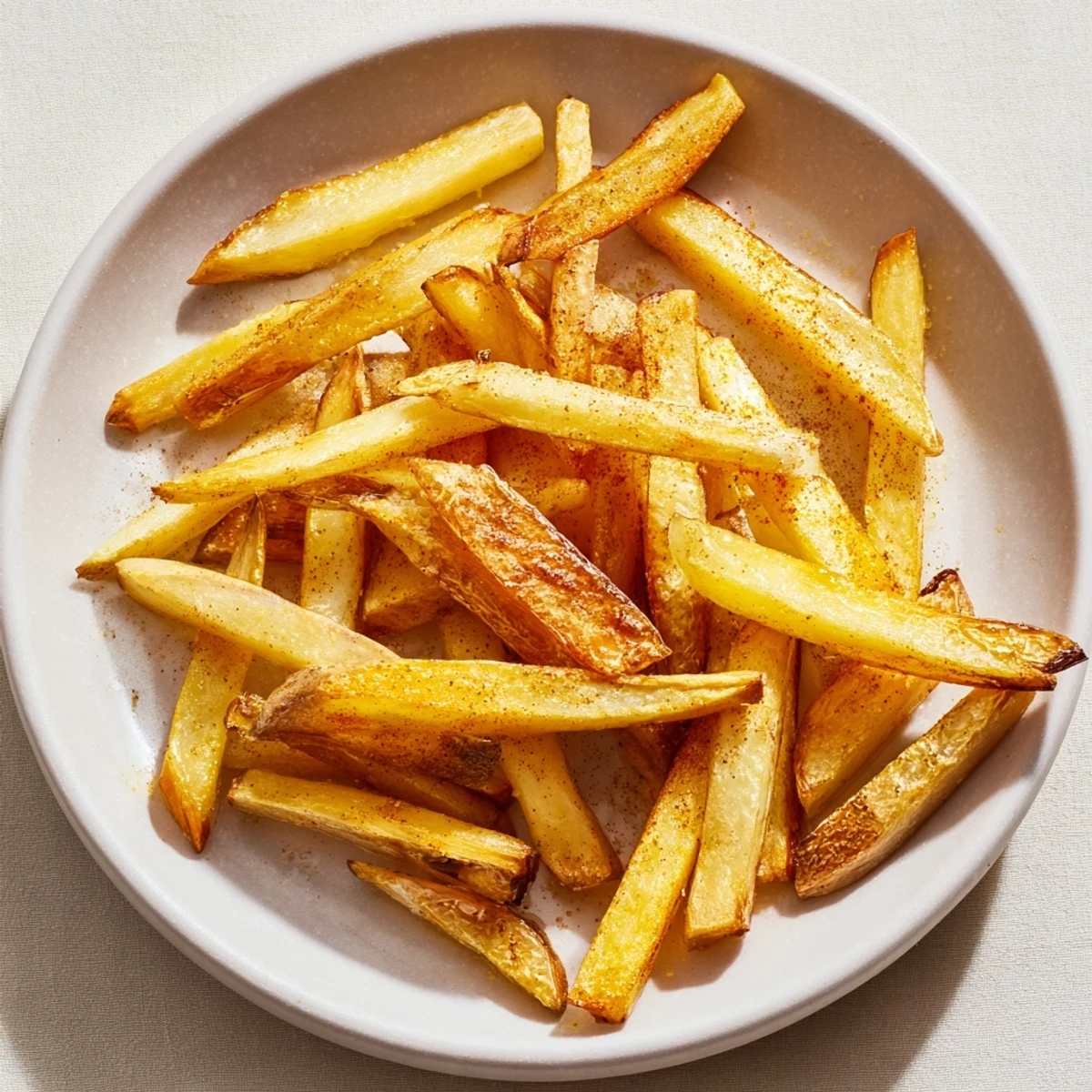 A close-up of delicious crispy baked French fries, the perfect vegetarian side dish.