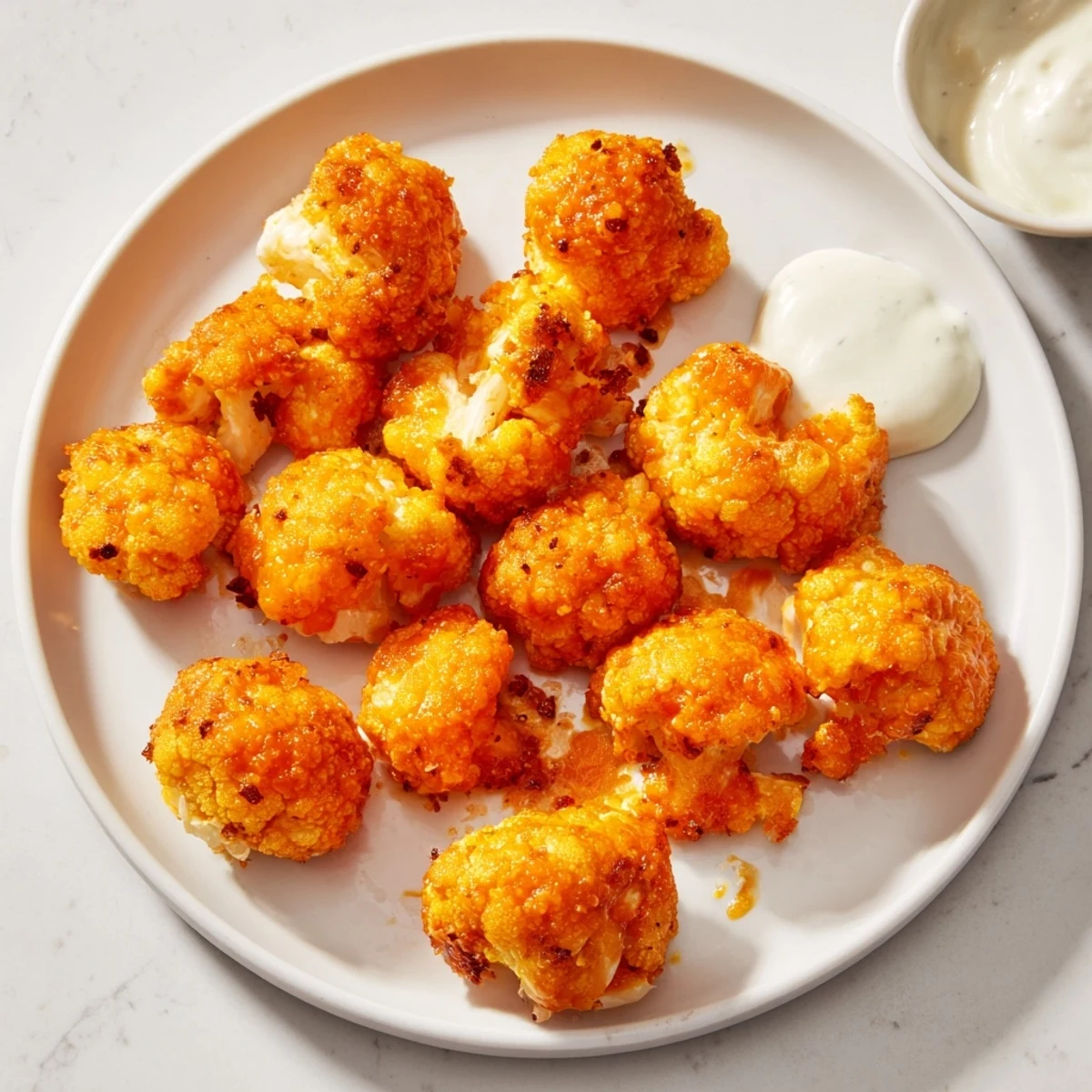 Golden, crispy Spicy Buffalo Cauliflower Bites ready to be dipped in cool ranch dressing.