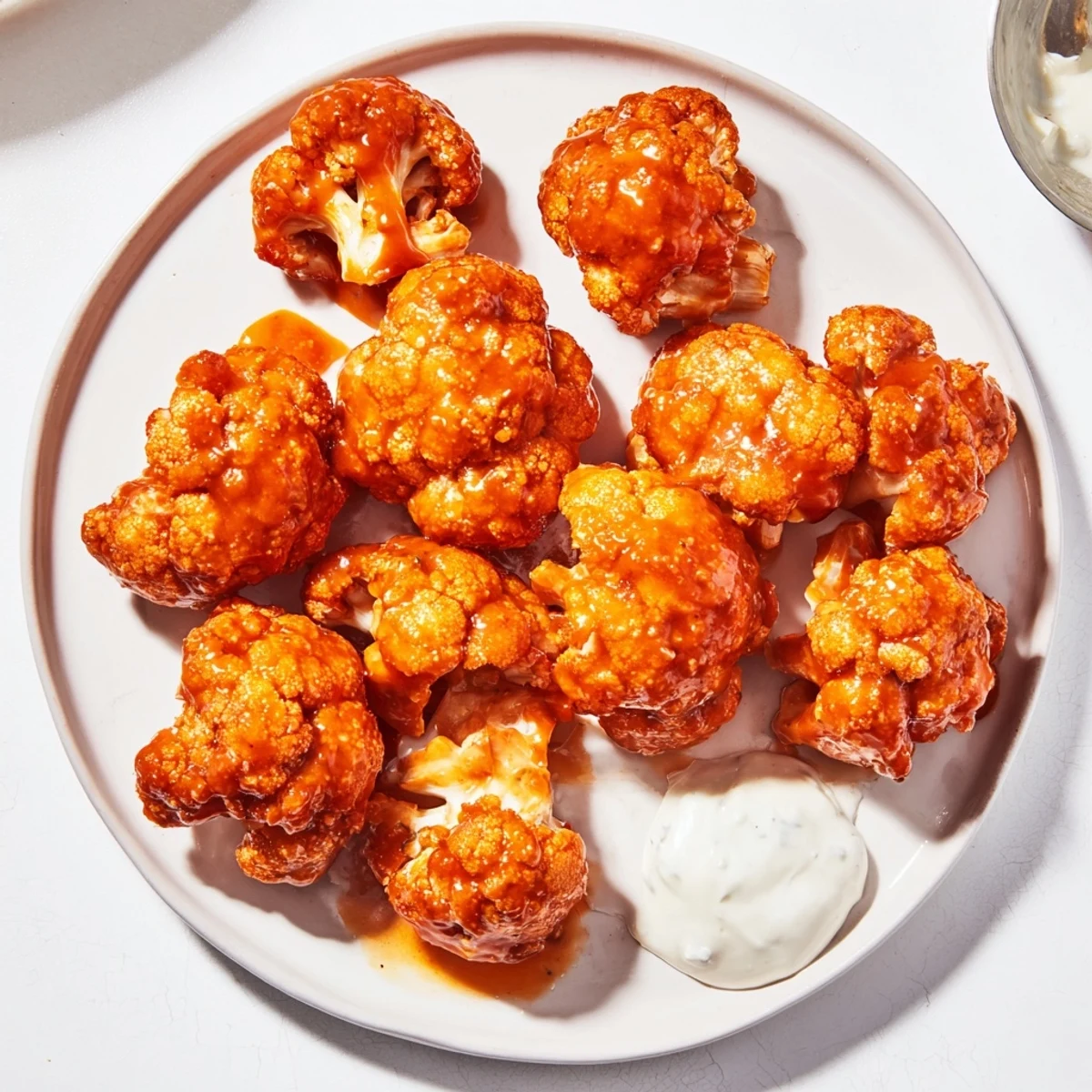Oven-baked Spicy Buffalo Cauliflower Bites, coated in a vibrant, spicy buffalo sauce with celery.