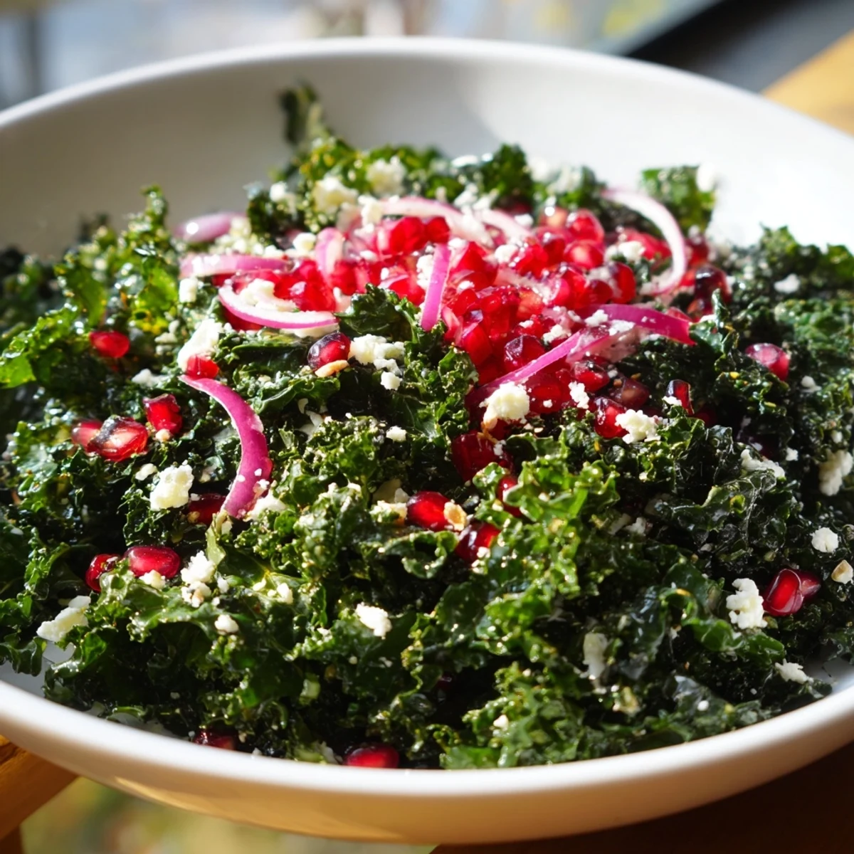 Vibrant Winter Kale Salad with Pomegranate, bursting with ruby seeds and crunchy walnuts, looks incredibly fresh.