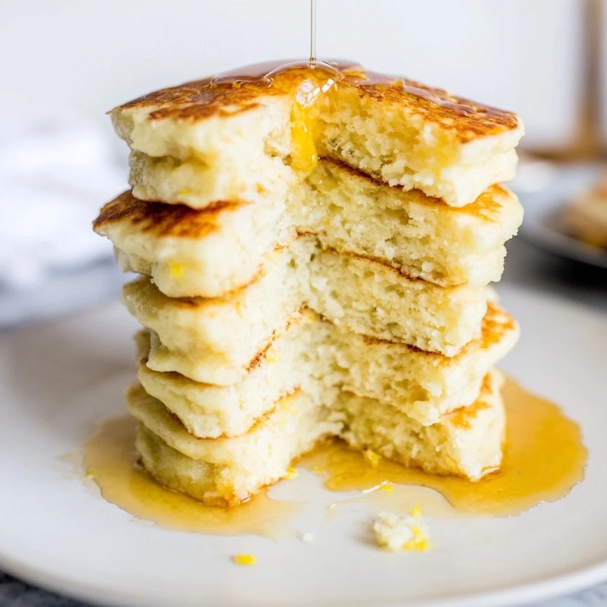 A close-up of delicious Lemon Ricotta Pancakes, with fresh berries and a dusting of powdered sugar.