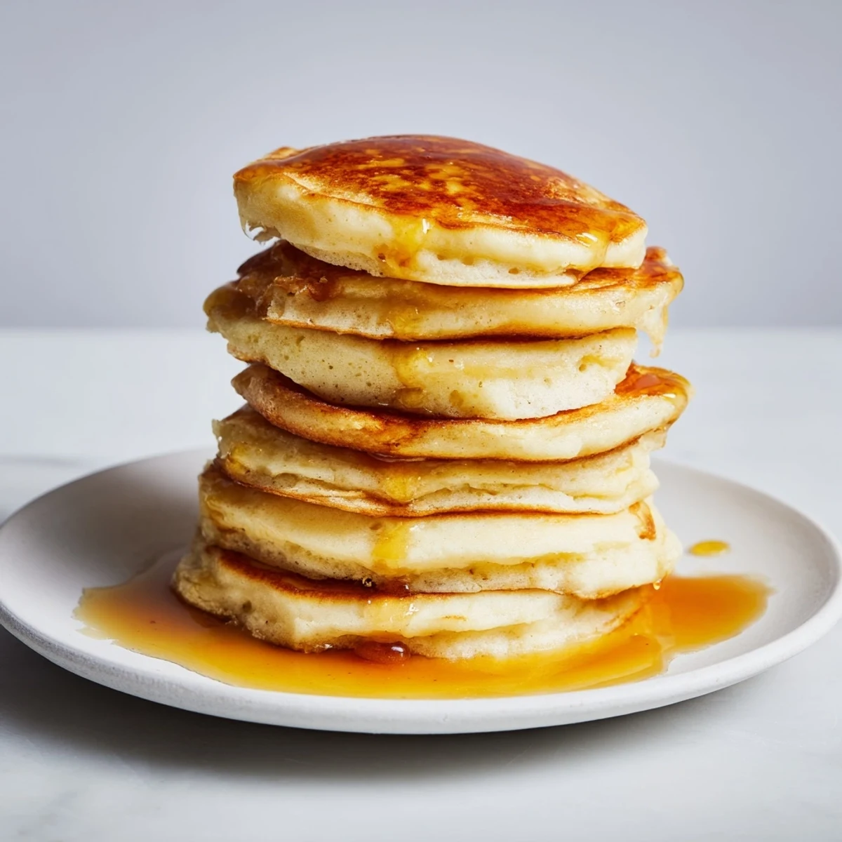 Warm maple syrup cascading over a stack of fluffy Lemon Ricotta Pancakes, perfect for brunch.