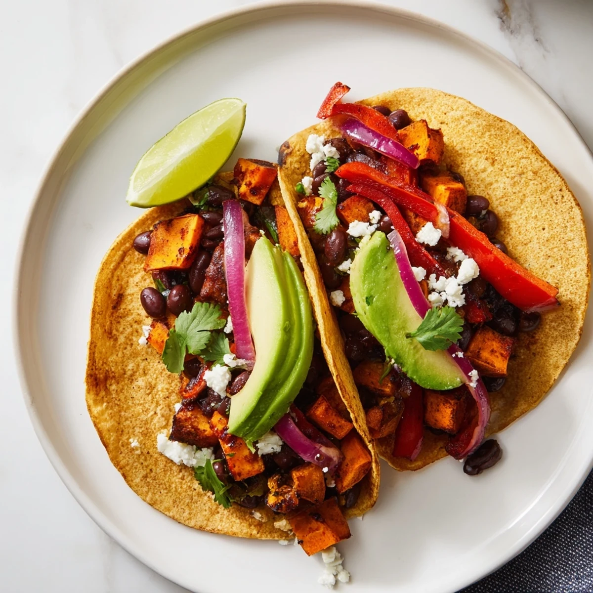 Crispy roasted sweet potato and black bean tacos overflowing with colorful vegetables and delicious toppings, ready to eat!
