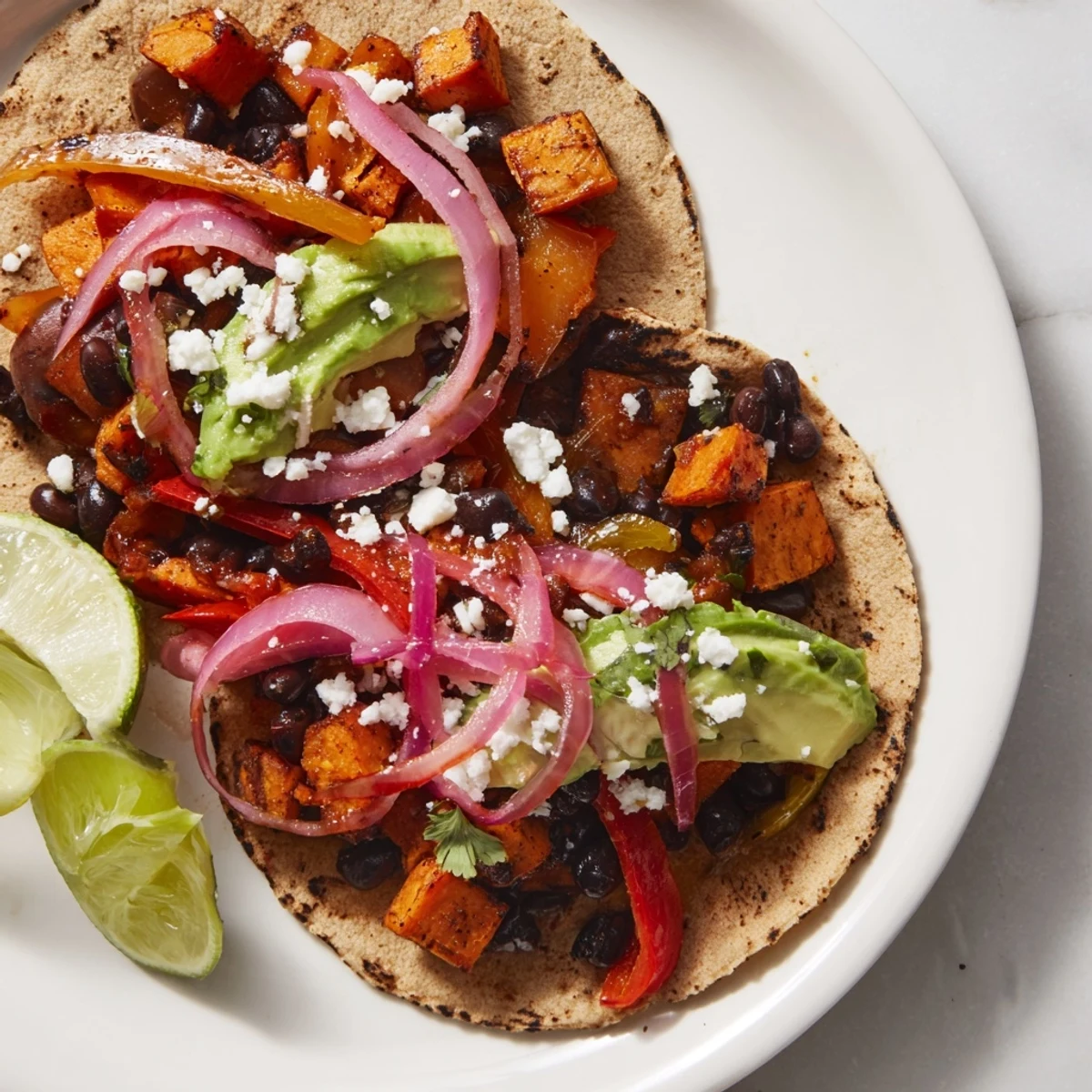 Golden, caramelized roasted sweet potato and black bean tacos with vibrant cilantro and creamy avocado.