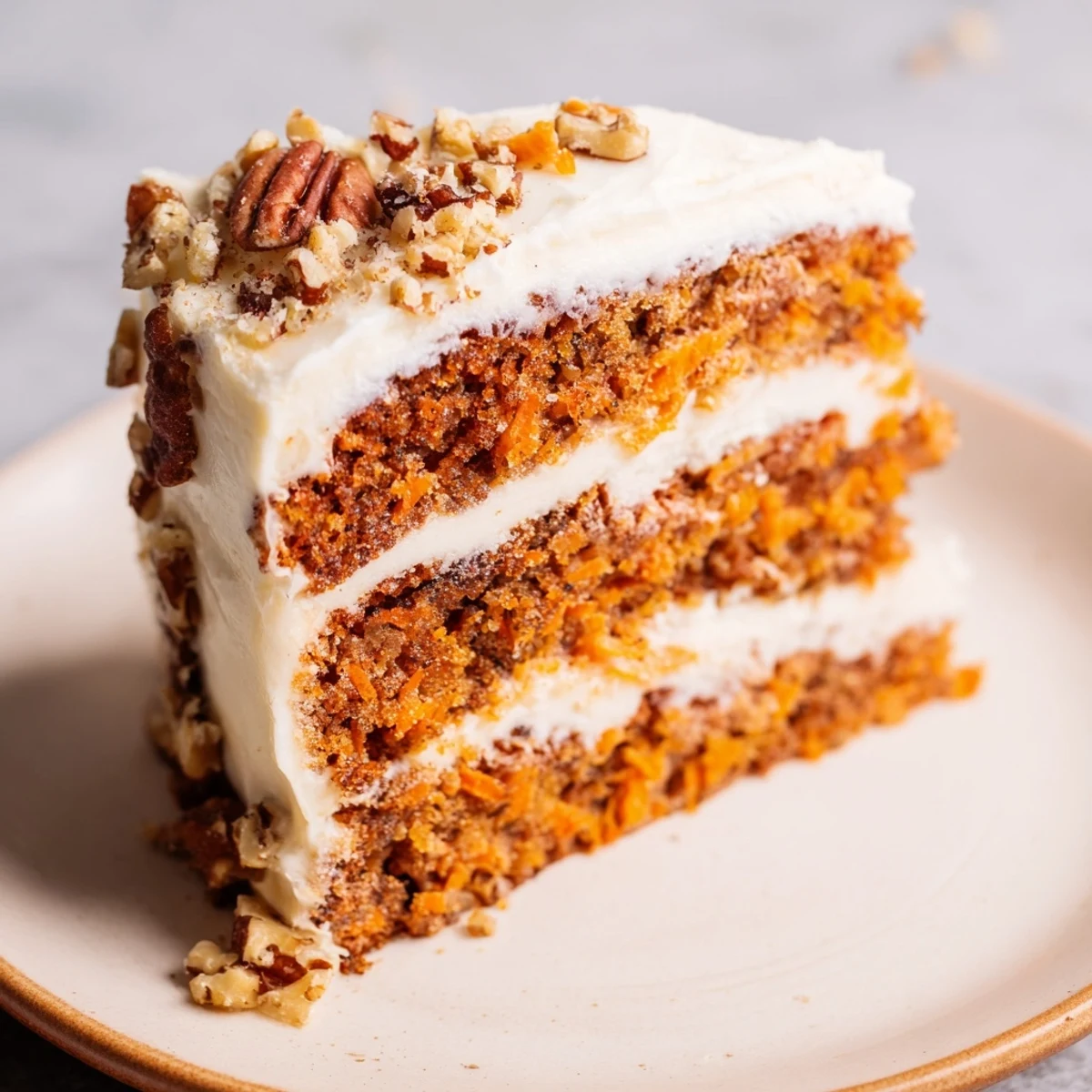 A decadent slice of spiced carrot cake smothered in rich cream cheese frosting is ready.
