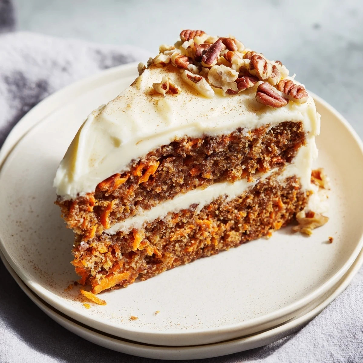 This homemade carrot cake, moist and fragrant with spices, is frosted and ready to serve.