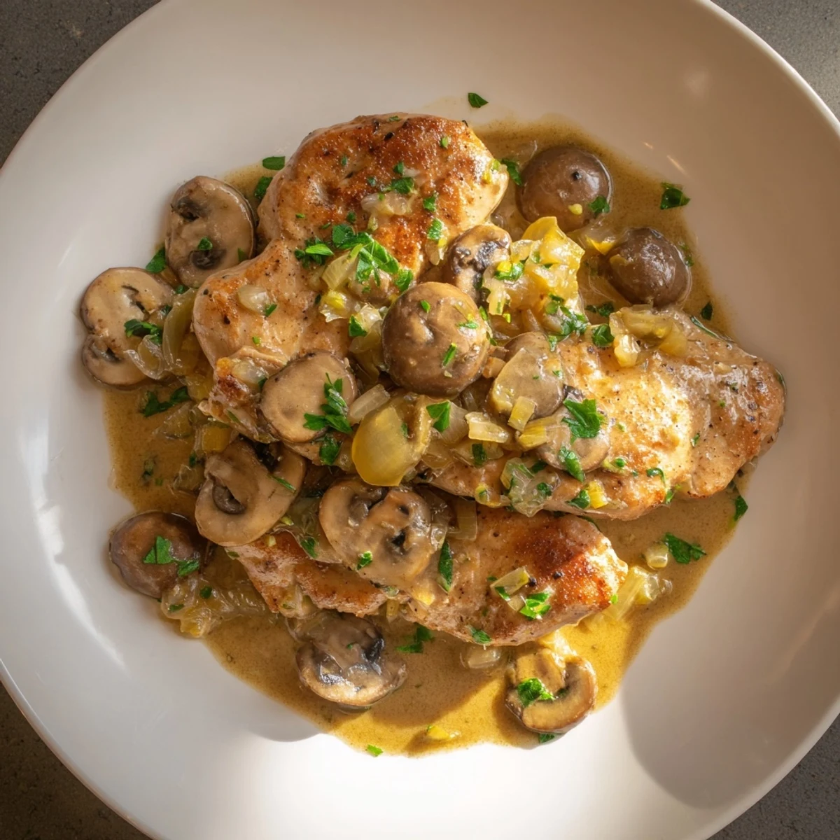 Creamy Garlic Mushroom Chicken, a glistening, golden main dish, served alongside fluffy mashed potatoes.
