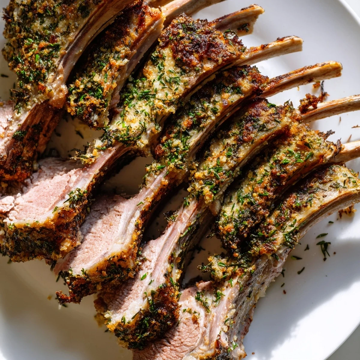Close-up of Herb Roasted Lamb Racks with vibrant herbs, ready for serving after a perfect roast.