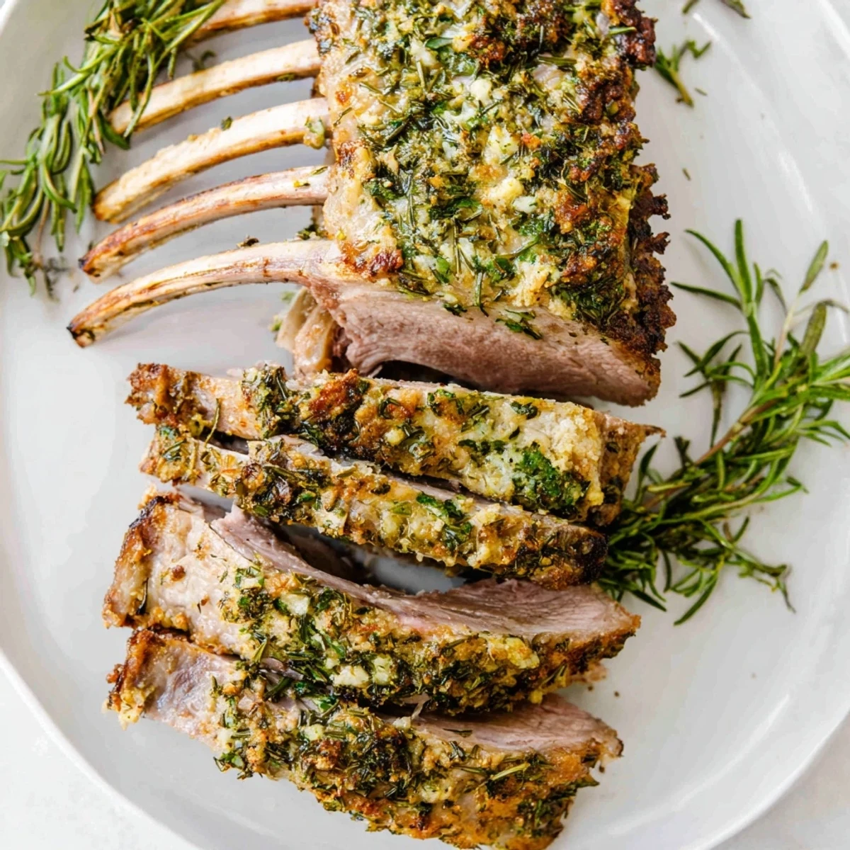 Herb Roasted Lamb Racks, perfectly cooked, show off a golden-brown herb crust with tender, juicy meat.