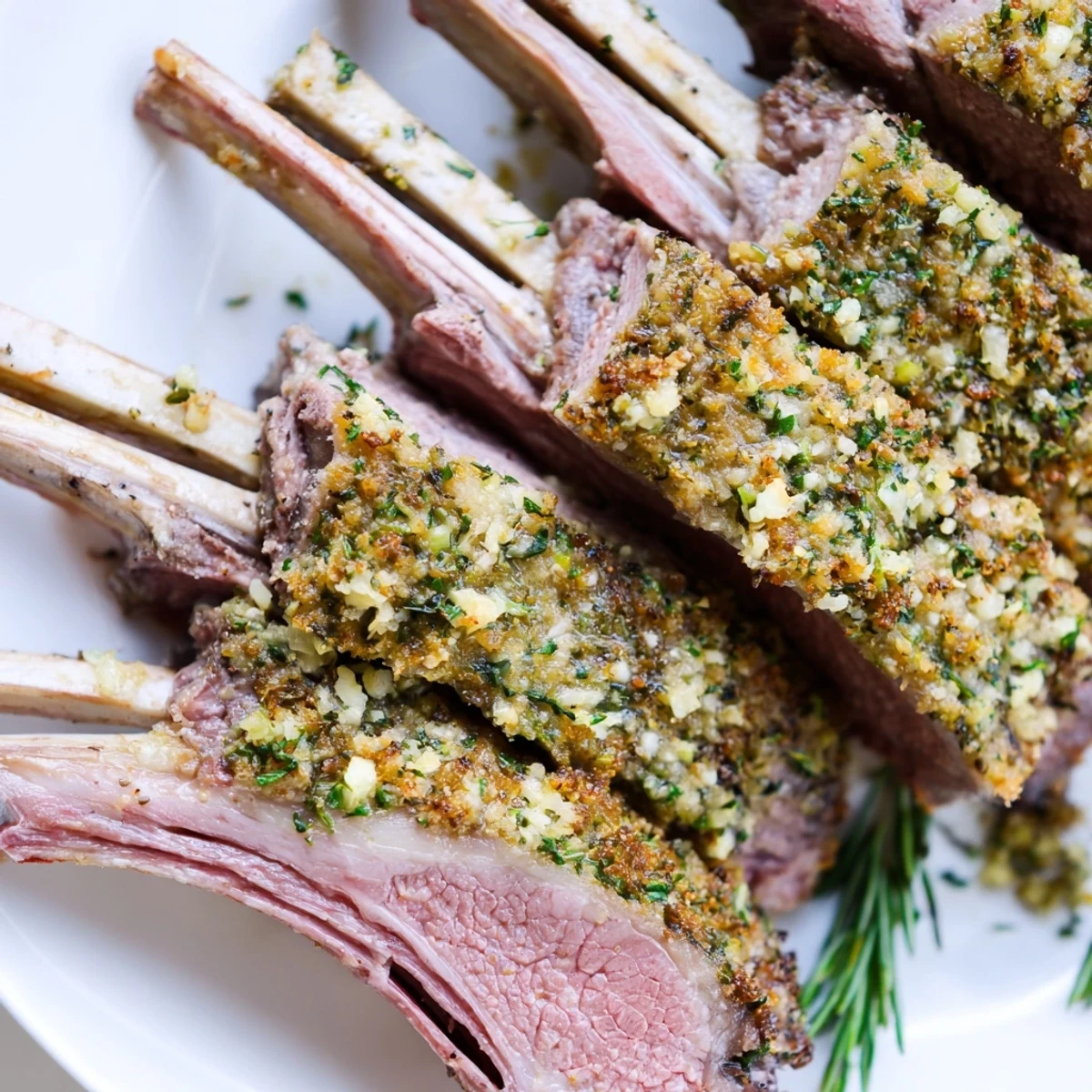 Succulent Herb Roasted Lamb Racks, a flavorful main course with crispy herbs, presented for a flavorful meal.