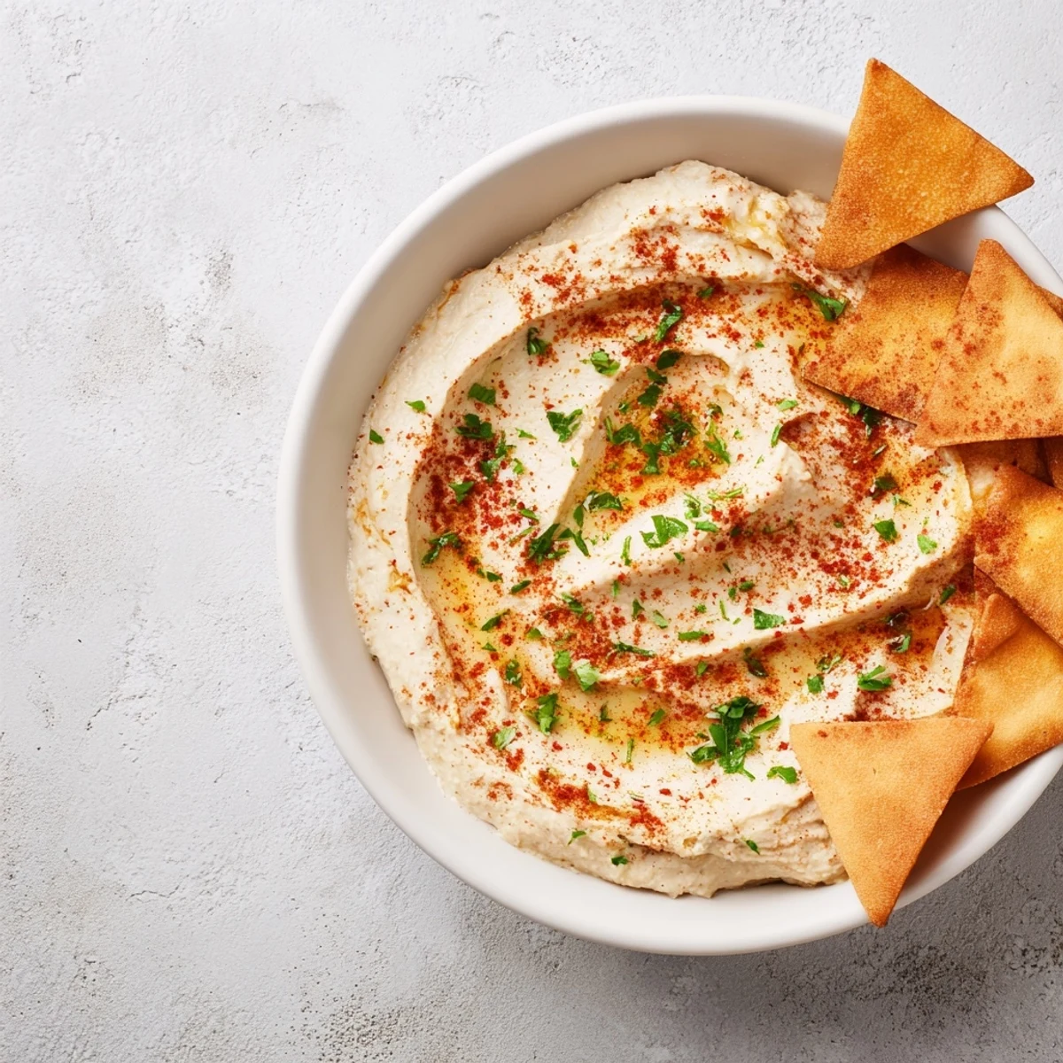 A close-up of creamy, flavorful Classic Hummus served with golden-brown toasted pita wedges.
