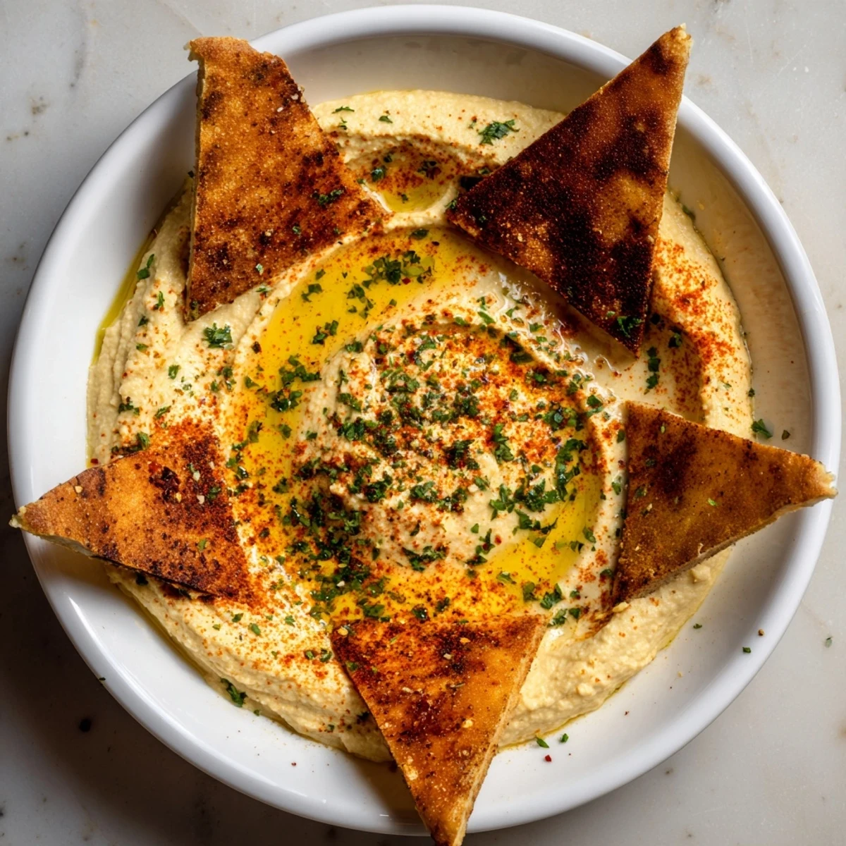 Warm toasted pita offers a crunchy contrasting texture to the smooth, rich Classic Hummus.