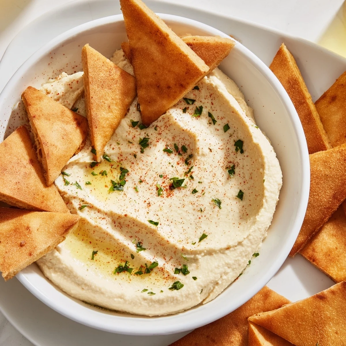 This photo features delicious, homemade Classic Hummus, garnished with parsley and paprika, ready to enjoy.