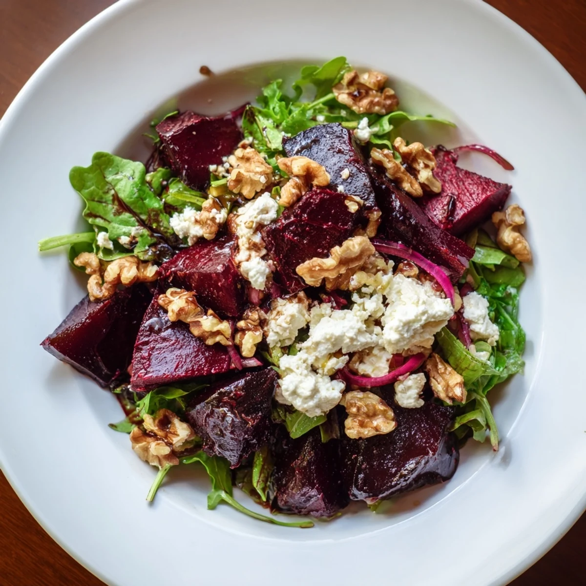 A delicious close-up of a colorful Roasted Beet and Goat Cheese Salad ready to serve.