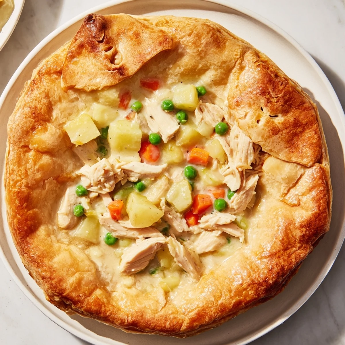 Flaky golden crust covers a steaming Savory Chicken Pot Pie, ready for a delicious serving.