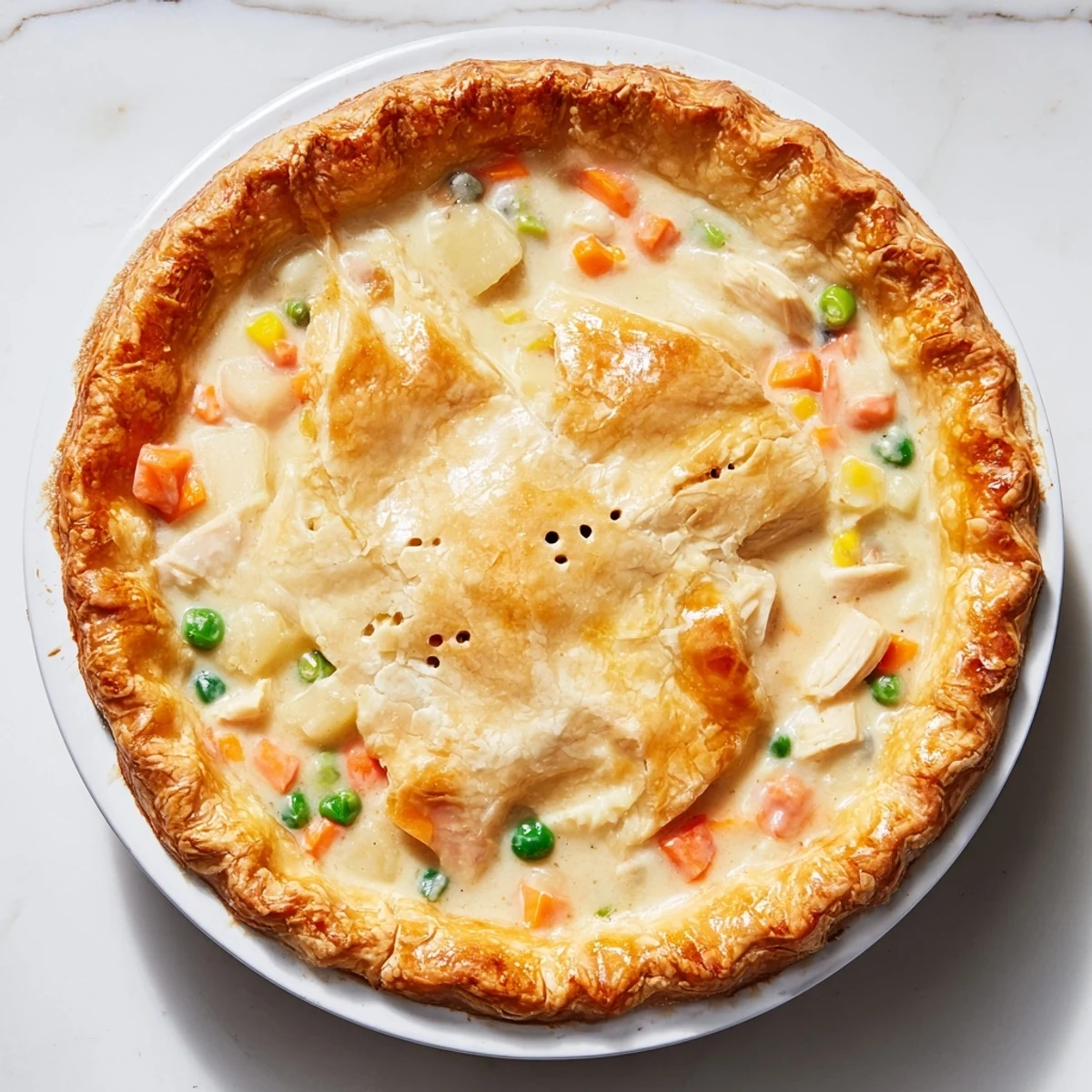This comforting Savory Chicken Pot Pie features tender chicken and vegetables in a creamy sauce.