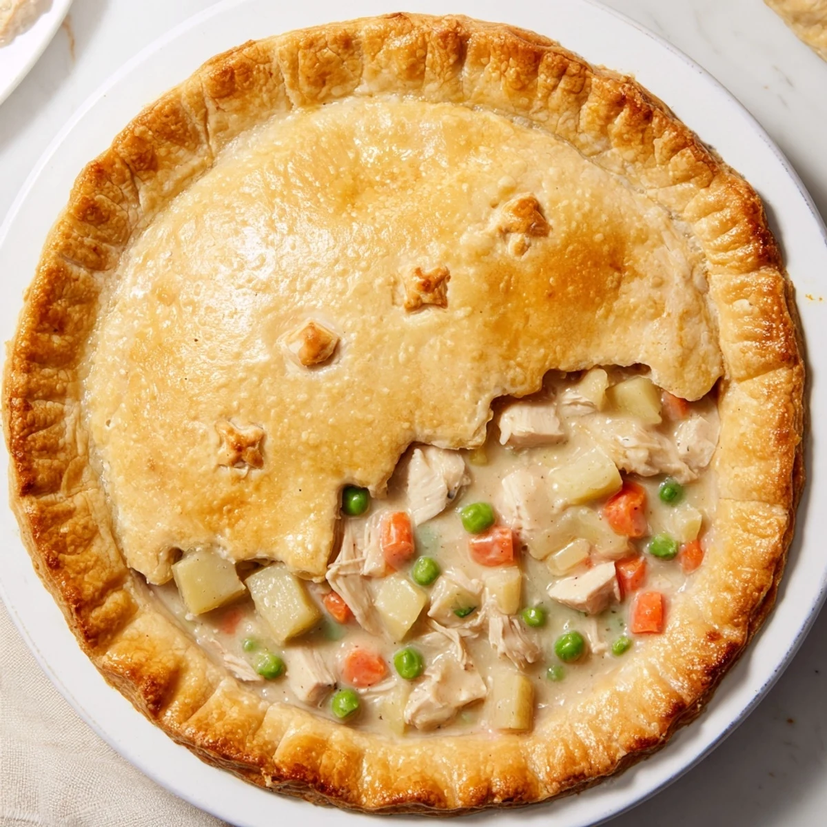 Close-up of a warm, bubbling Savory Chicken Pot Pie with a beautifully browned, buttery crust.