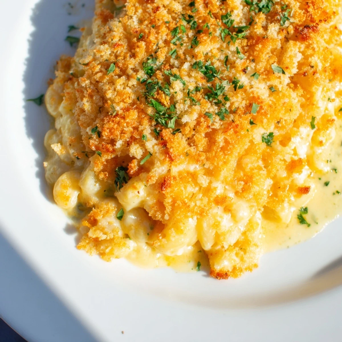 Golden, bubbly baked macaroni and cheese, boasting a crispy breadcrumb topping and creamy interior.