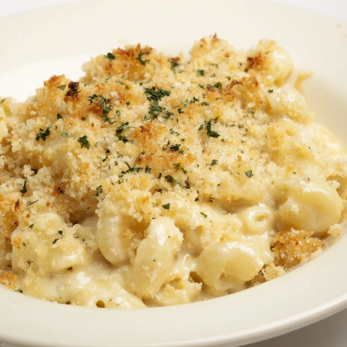 Close-up of baked macaroni and cheese, showing melted cheese and crispy breadcrumbs, ideal for comfort food.