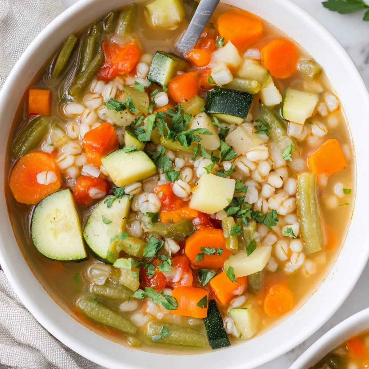 Steaming bowl of Hearty Vegetable and Barley Soup, garnished with parsley, ready to eat and enjoy.
