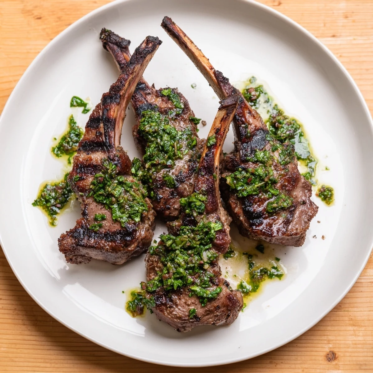 Juicy grilled lamb chops glistening, topped with vibrant green mint sauce, ready to serve.