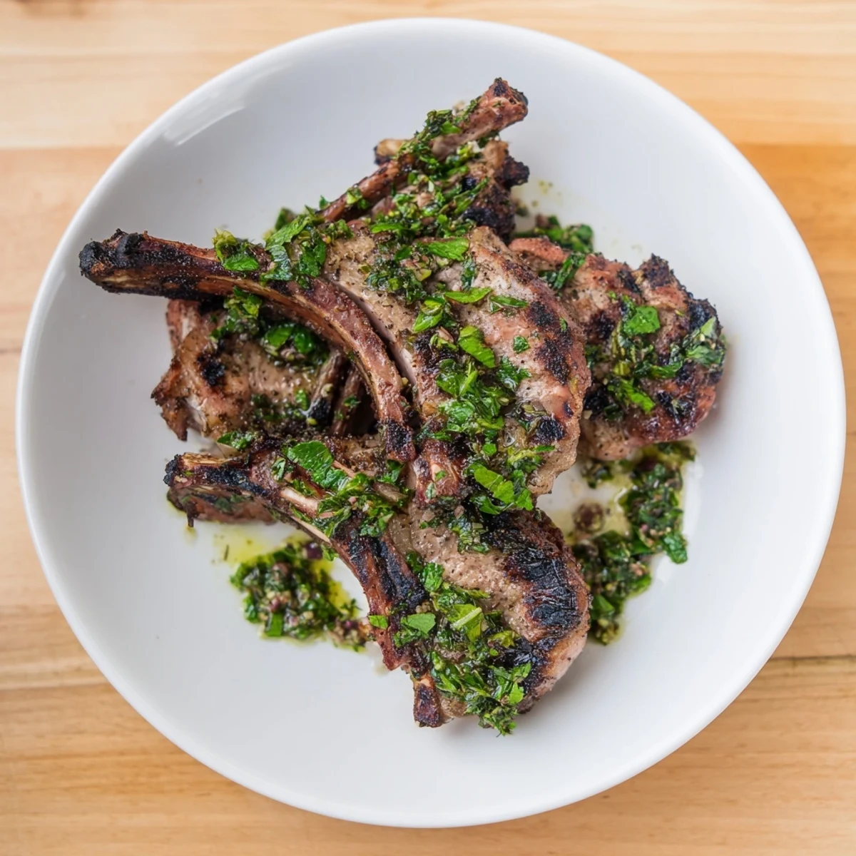Perfectly grilled lamb chops, succulent and flavorful, alongside a cool, refreshing mint sauce.