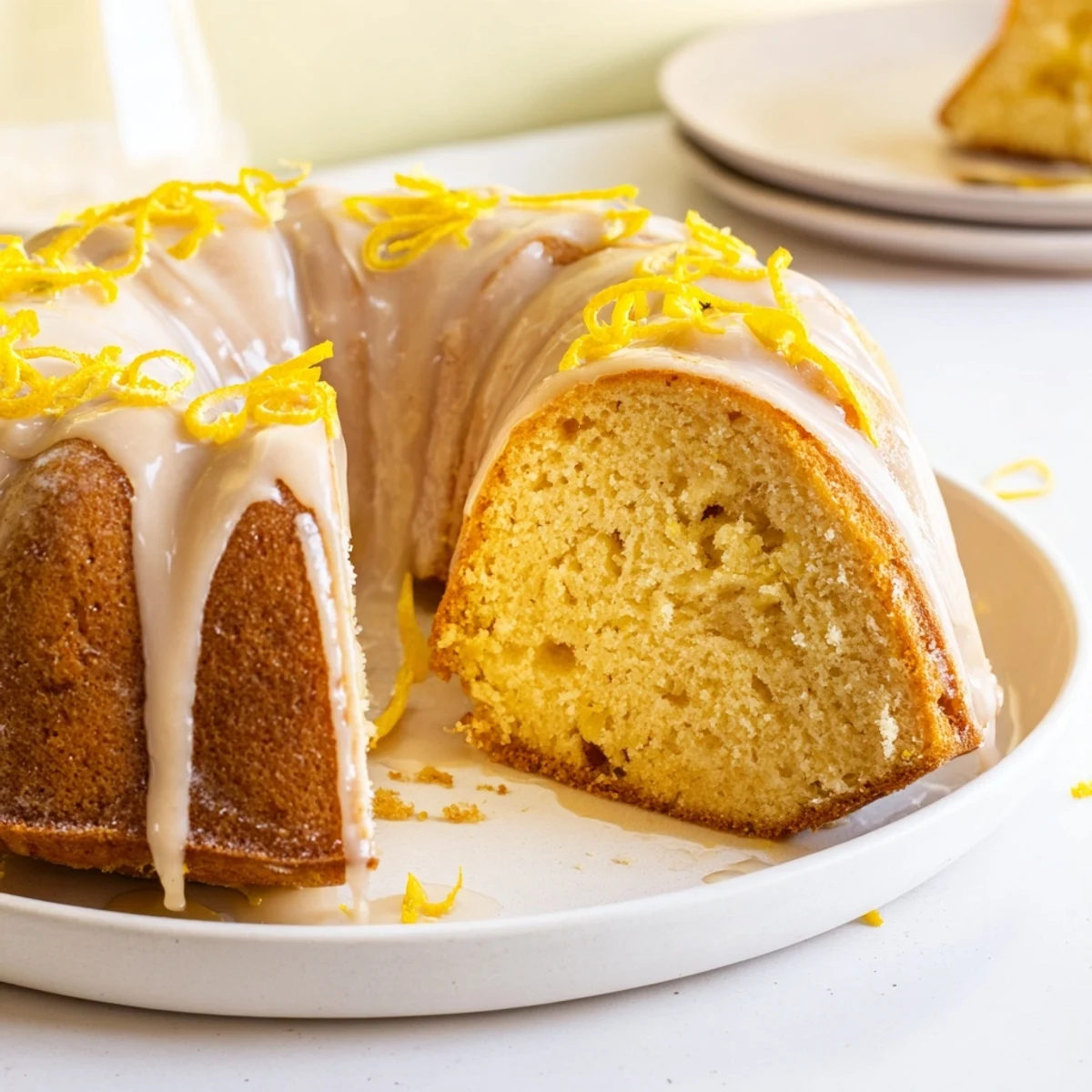 Golden, glazed Lemon Drizzle Bundt Cake, incredibly moist, perfect for a special treat.