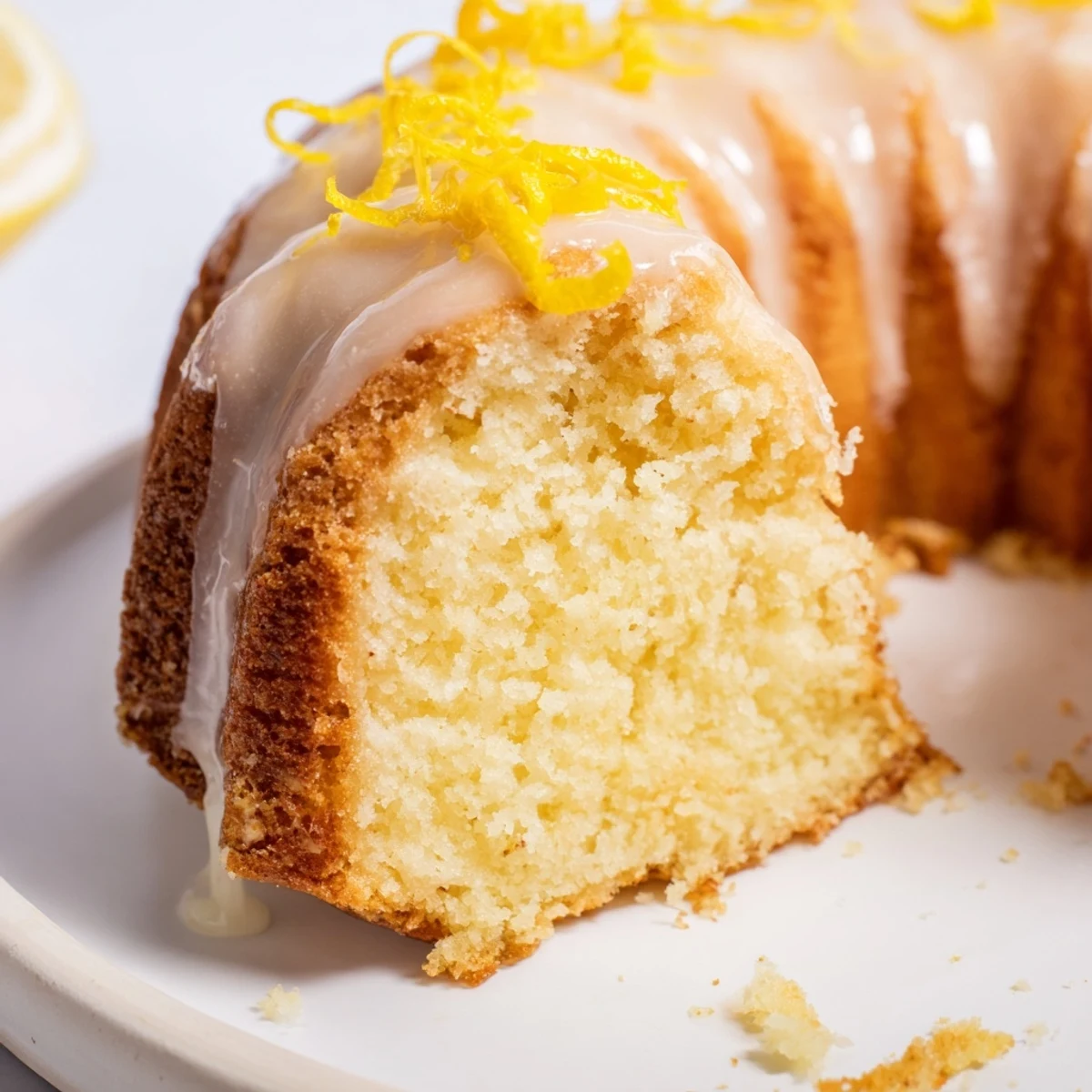 A close up shows the lovely textured surface of this delicious Lemon Drizzle Bundt Cake.