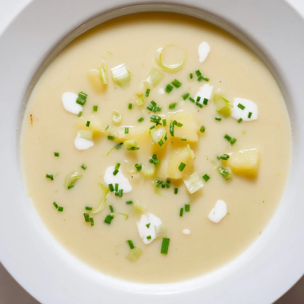 Velvety smooth creamy potato and leek soup, perfect for a cozy evening, with a rich, inviting aroma.
