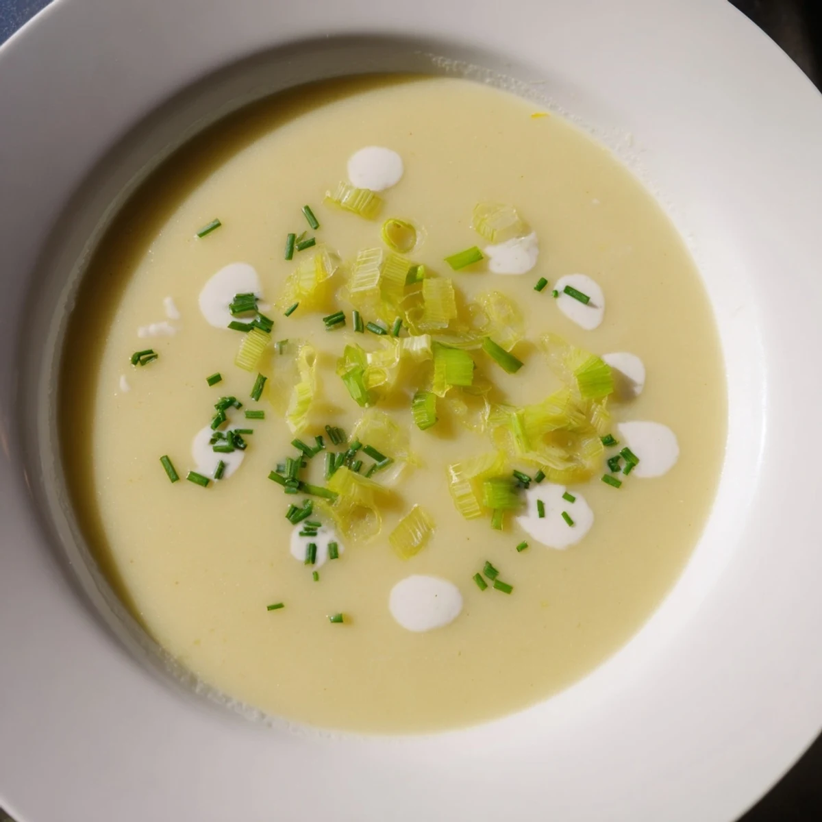 A close-up view of creamy potato and leek soup, illustrating the thick texture and beautiful presentation.