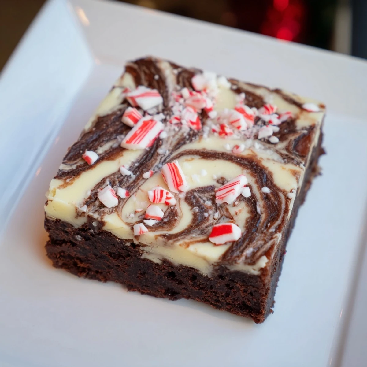 Fudgy Peppermint Bark Chocolate Brownies: a glistening, festive dessert topped with crushed candies.