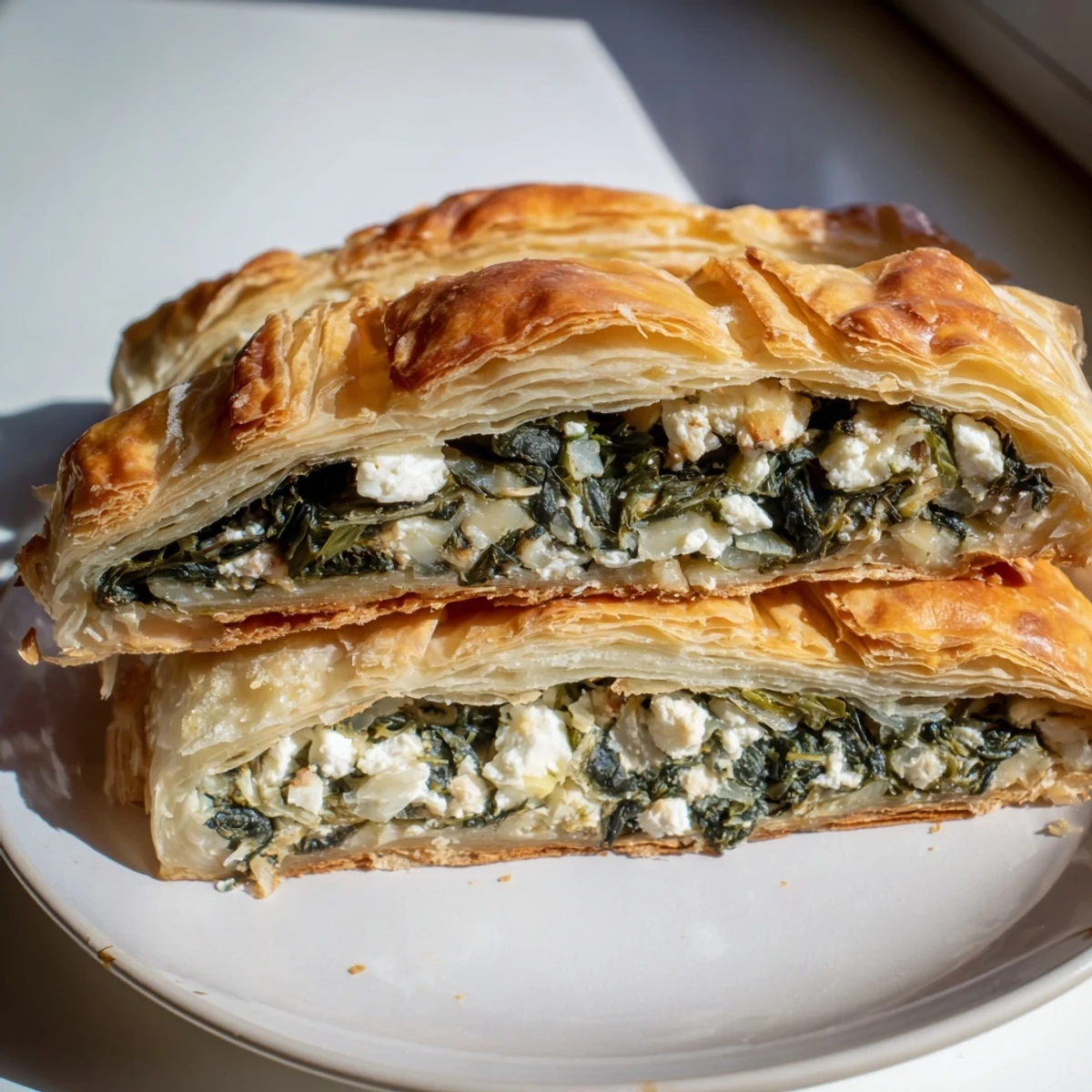 Golden-brown Savory Spinach and Cheese Strudel, crisp and flaky, ready for slicing and enjoying warm.