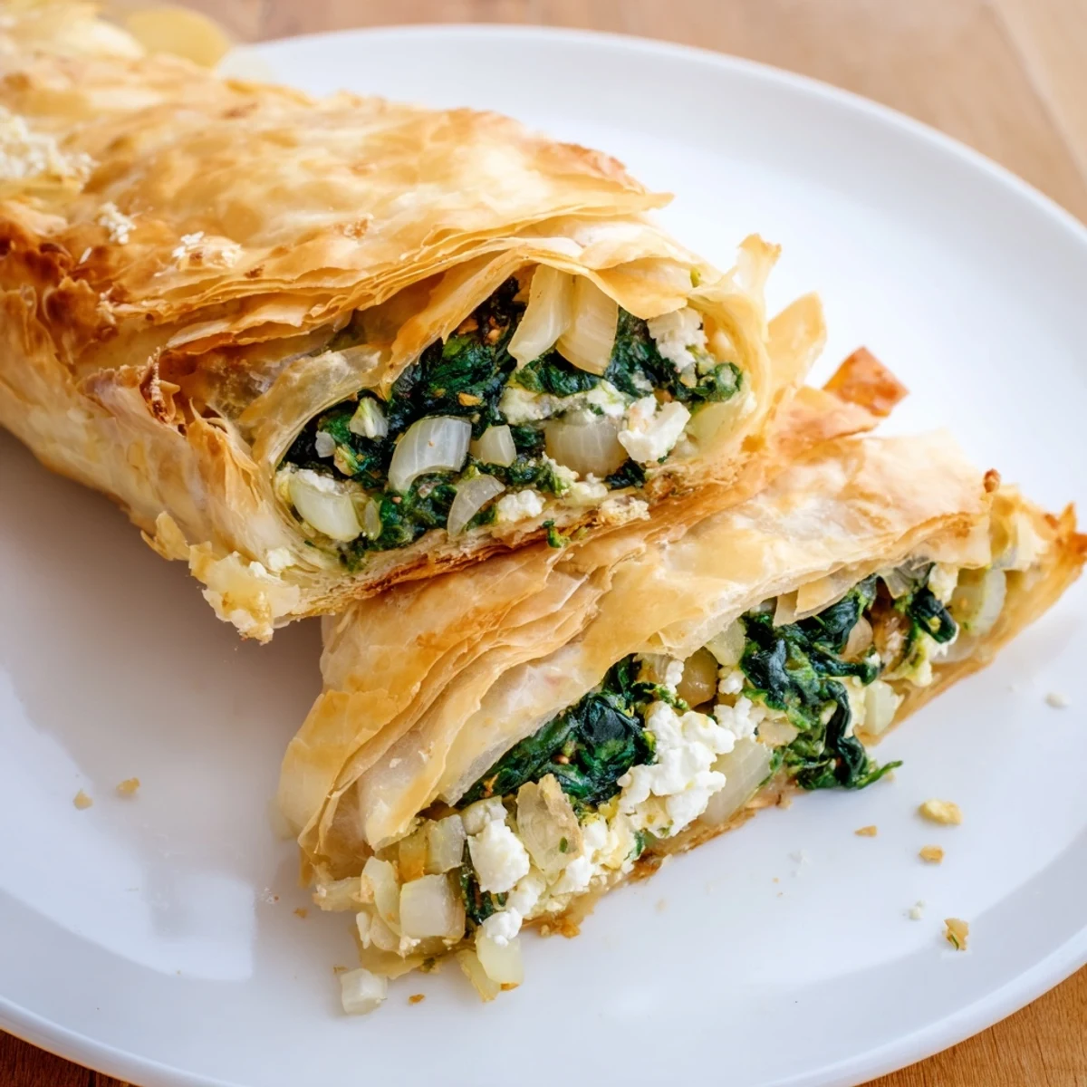 A close-up of the delicious Savory Spinach and Cheese Strudel, filled with creamy cheeses and herbs.