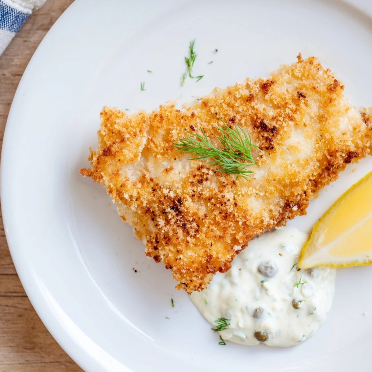 Close-up of freshly fried cod with a crunchy breading, ready to be served with lemon and sauce.