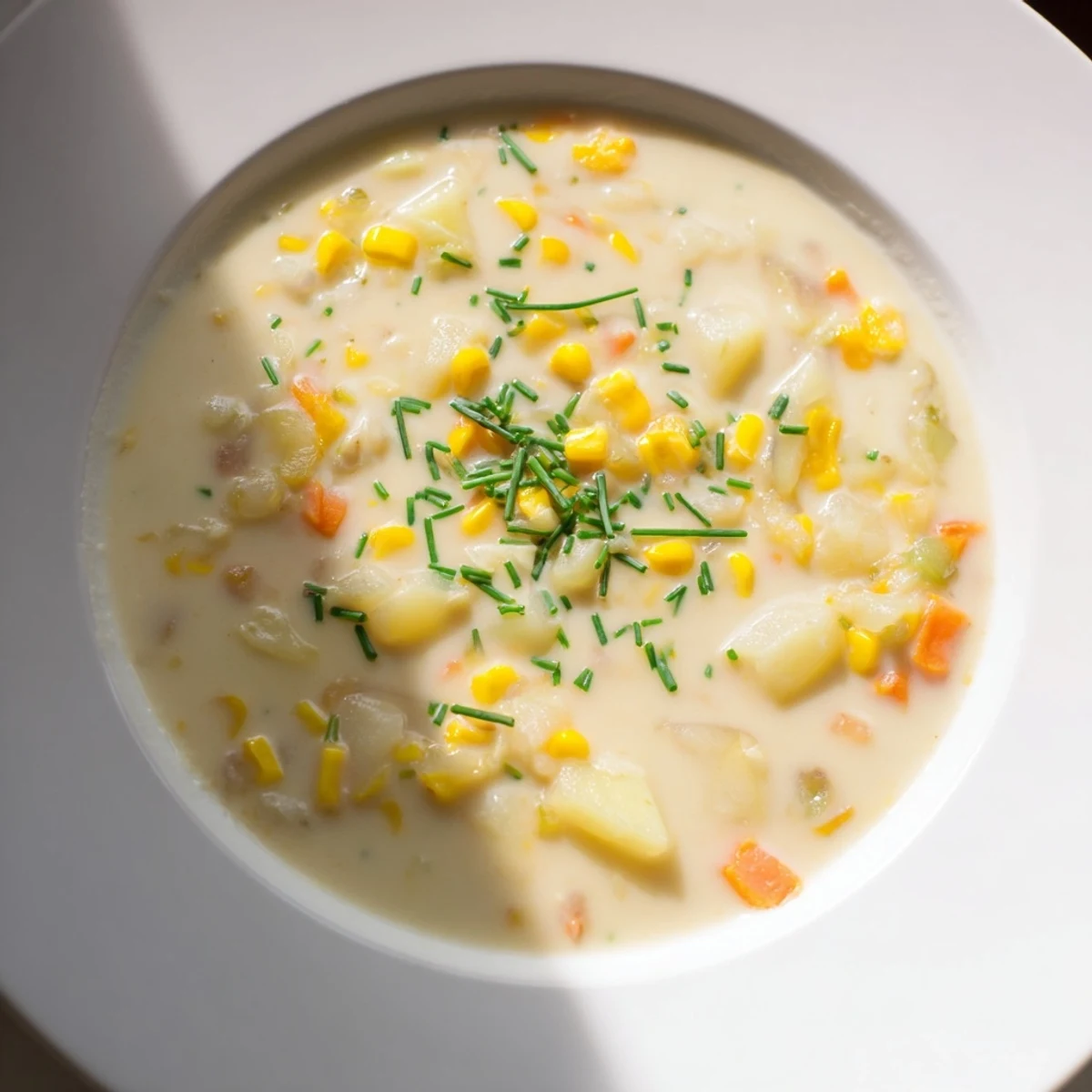 Steaming Creamy Potato and Corn Chowder, a hearty soup with golden corn kernels, ready to enjoy.
