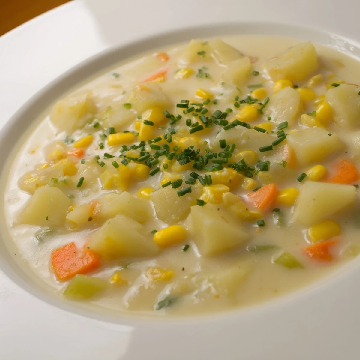 Warm, flavorful Creamy Potato and Corn Chowder topped with fresh chives, a comforting bowlful.