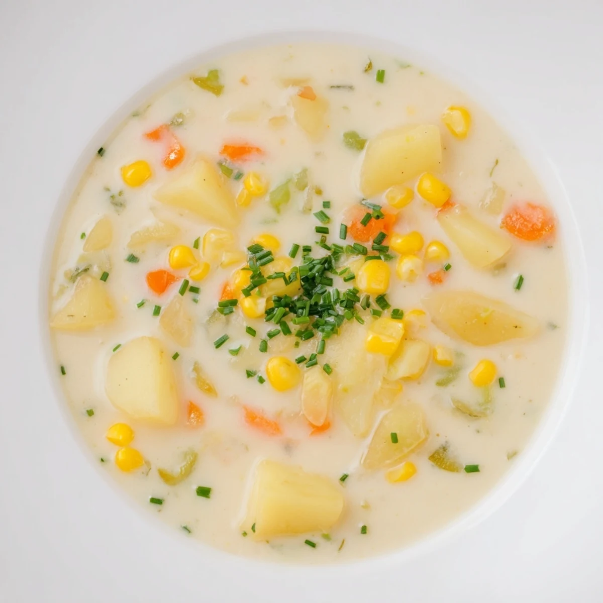 Thick and creamy Creamy Potato and Corn Chowder swirled in a bowl, perfect for a cozy dinner.