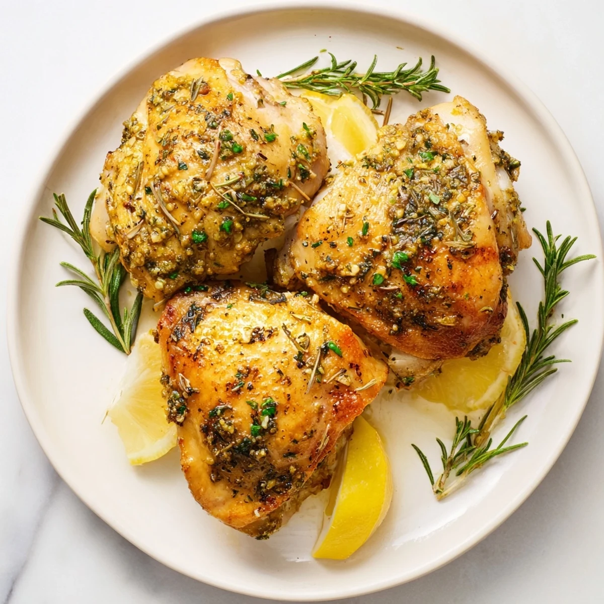 Golden, crispy Lemon Herb Roasted Chicken Thighs, perfectly roasted and ready to serve with lemon wedges.