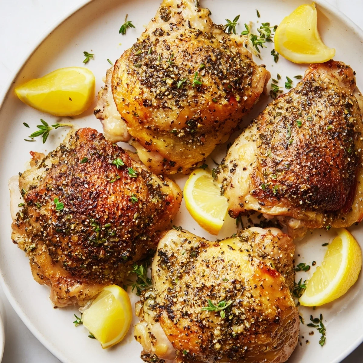 Fragrant Lemon Herb Roasted Chicken Thighs: a close-up shows tender, juicy chicken with crispy skin.