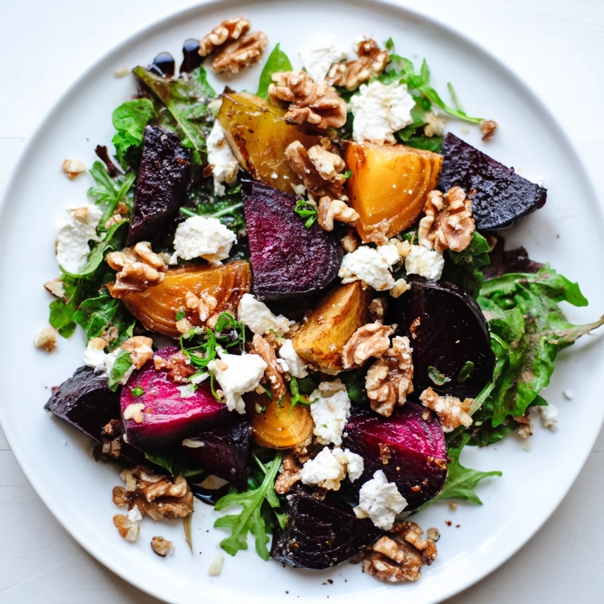 Vibrant roasted beet salad with walnuts, goat cheese and tangy dressing for a light, delicious meal.