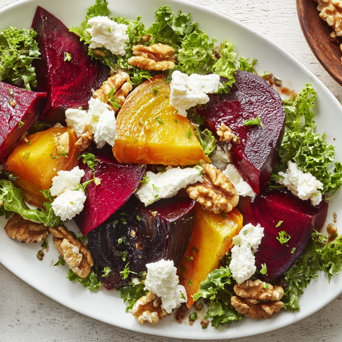 Bright image: a roasted beet salad with walnuts, featuring colorful beets and crumbled goat cheese.