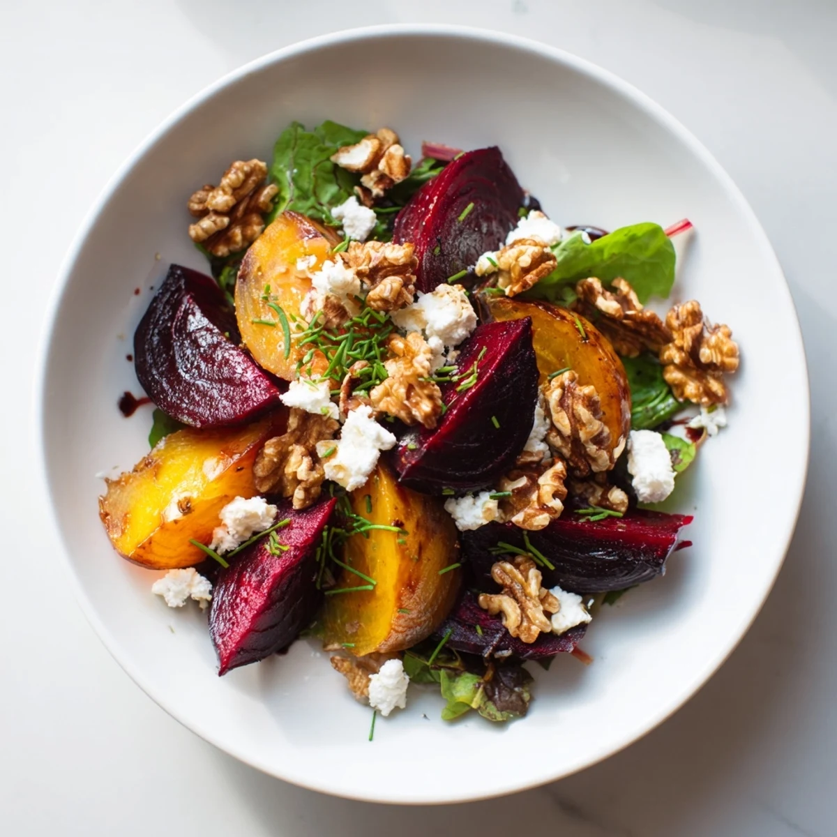 Enjoy a fresh roasted beet salad with walnuts, drizzled with balsamic vinaigrette, ready to eat.