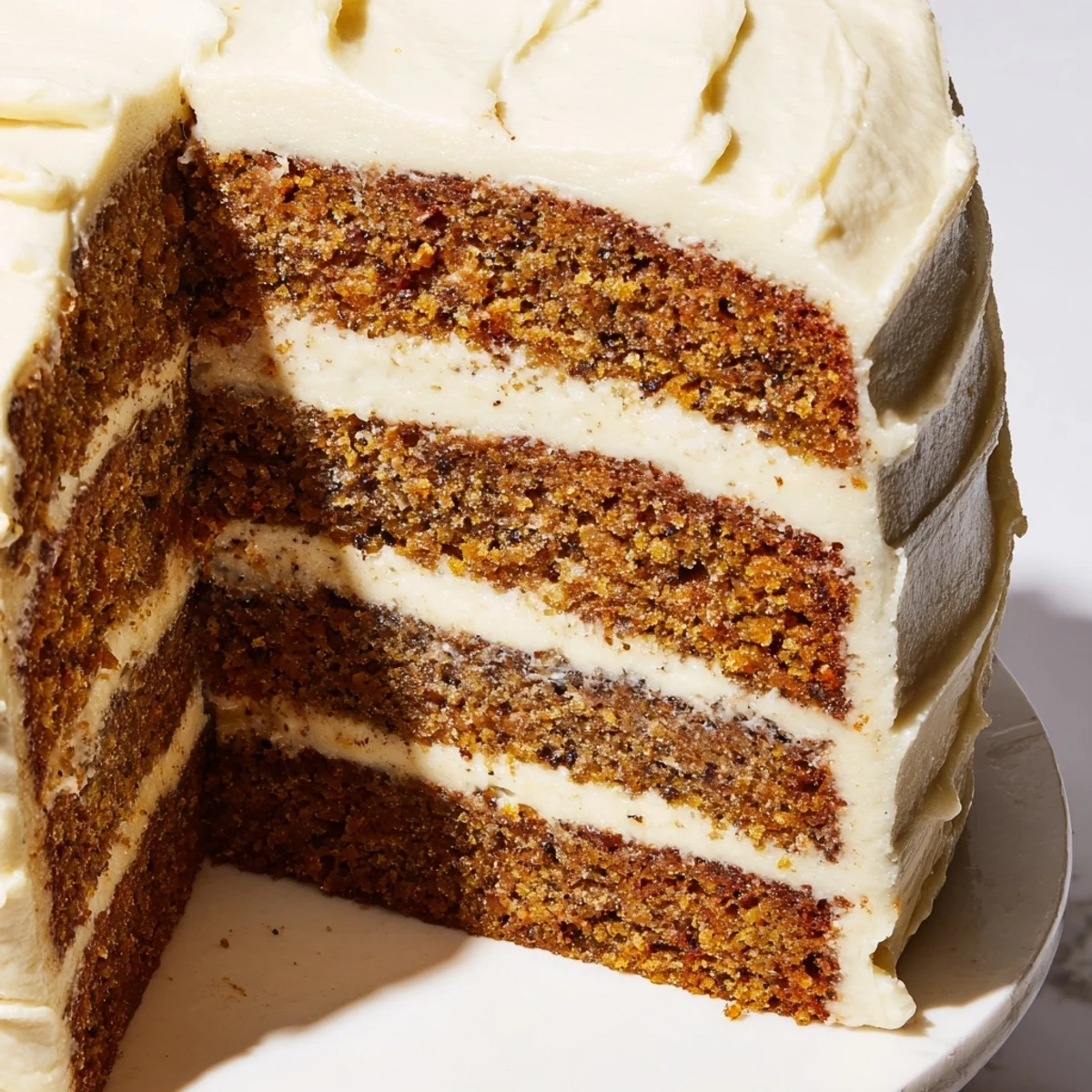 A slice of gingerbread layer cake, showcasing moist layers and creamy cream cheese frosting.