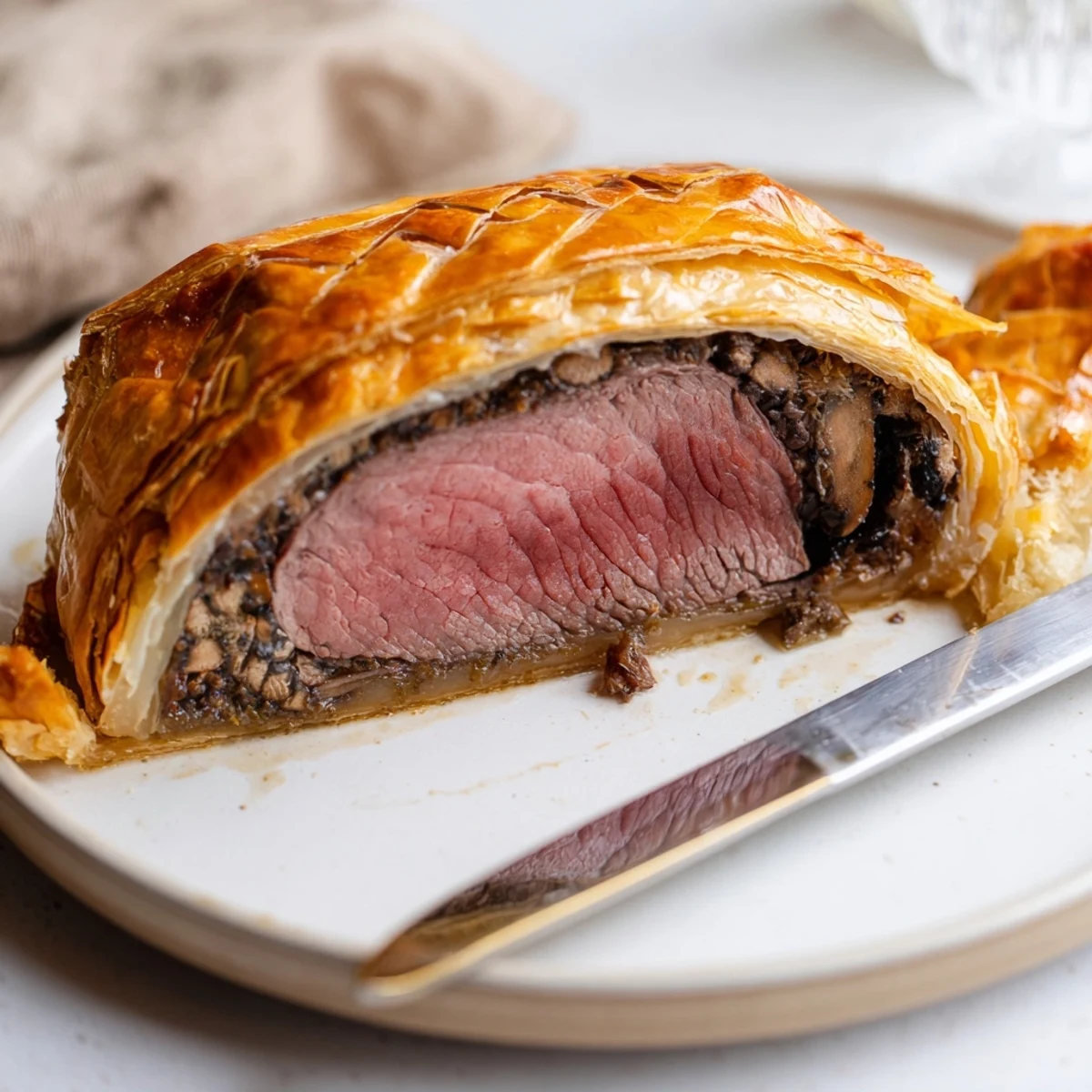 Savory Beef Wellington, featuring tender beef wrapped with a flavorful mushroom duxelles, perfect for serving.