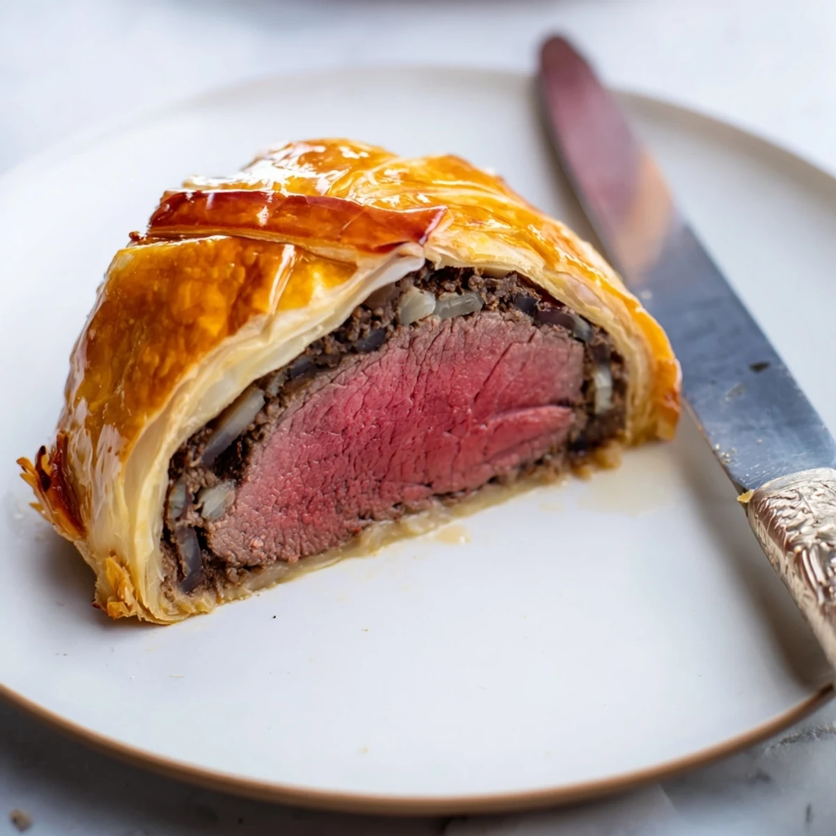 A close-up view of the Beef Wellington, showing flaky pastry and savory mushroom layers.