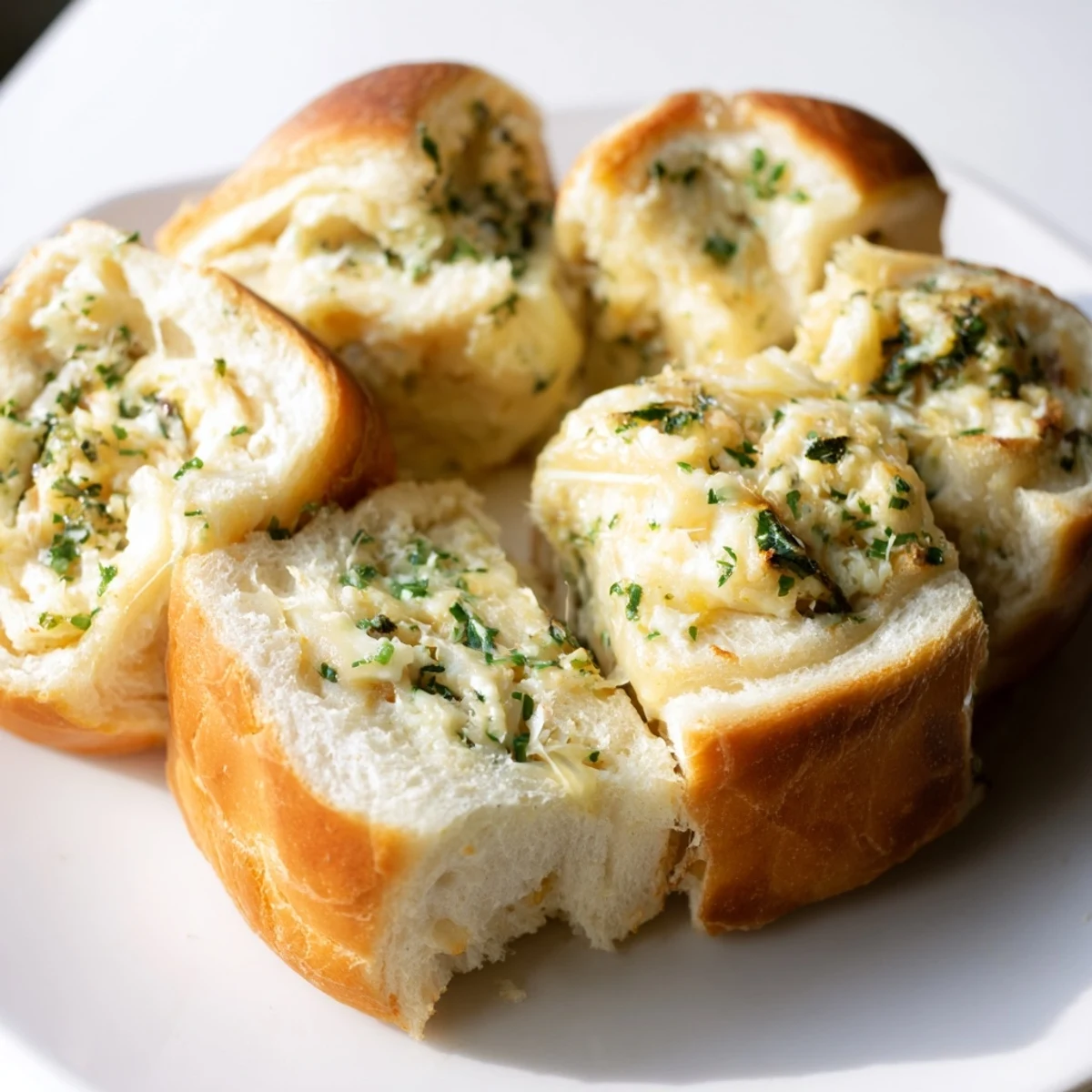 A close-up of cheesy, garlicky savory roll bread, perfect for dipping or enjoying with soup.