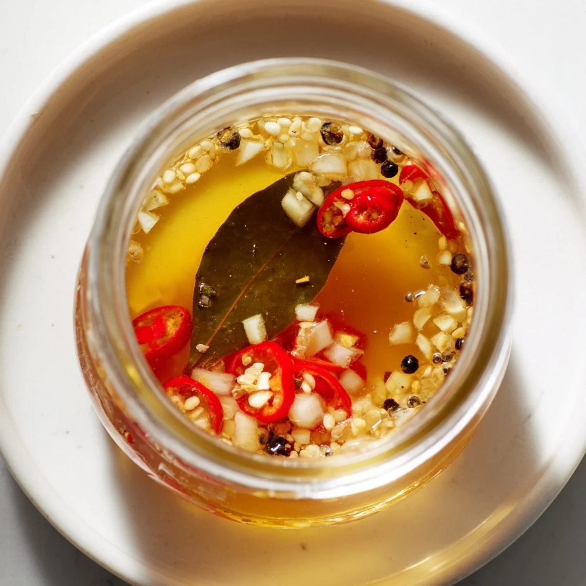 Close up shot of the homemade Spiced Vinegar Sauce, showcasing the fresh aromatics in the jar.