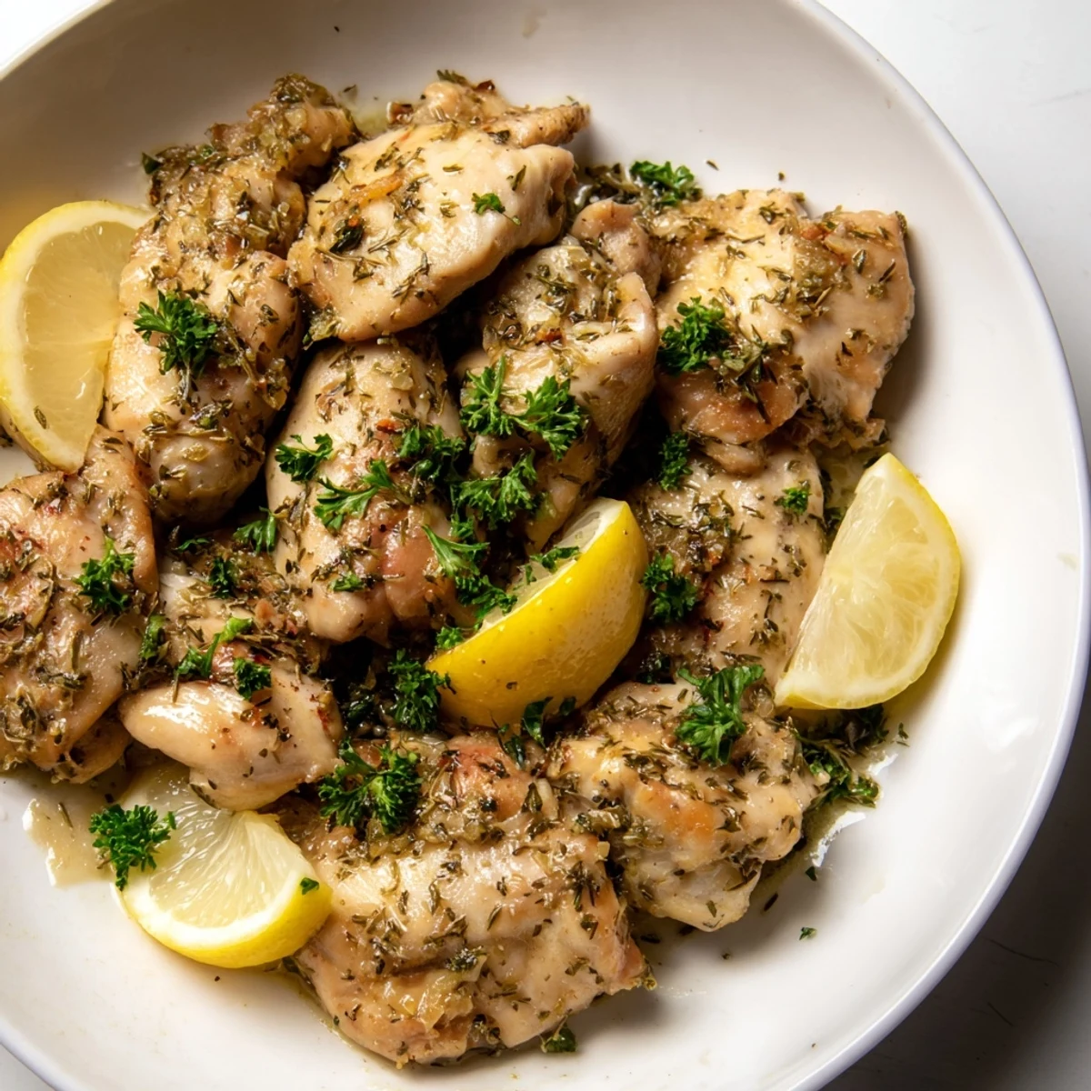 Succulent garlic skinless chicken breasts sit on a baking sheet, showcasing herbs and vibrant color.