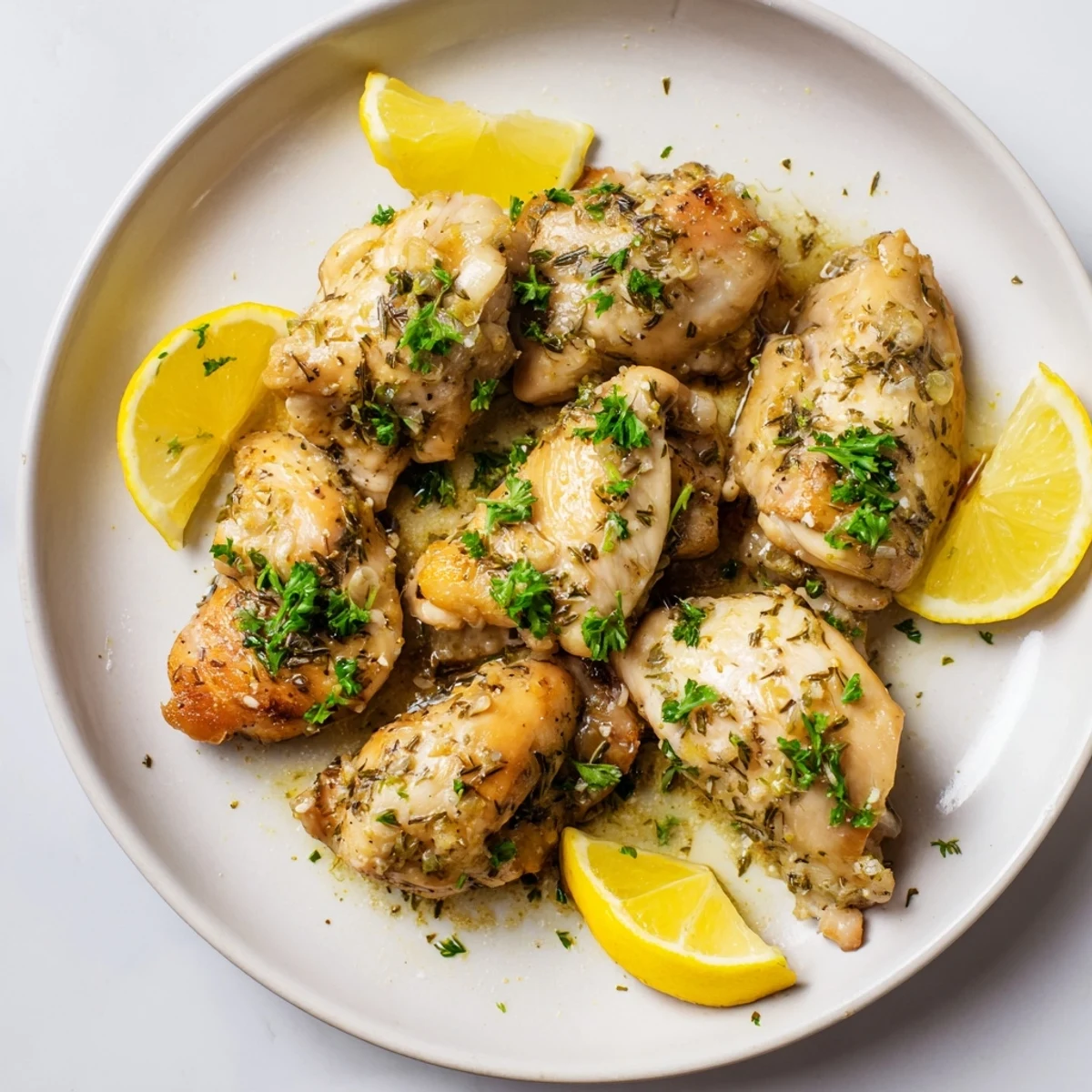 Golden brown garlic skinless chicken with fresh parsley, ready to serve as a delicious entree.