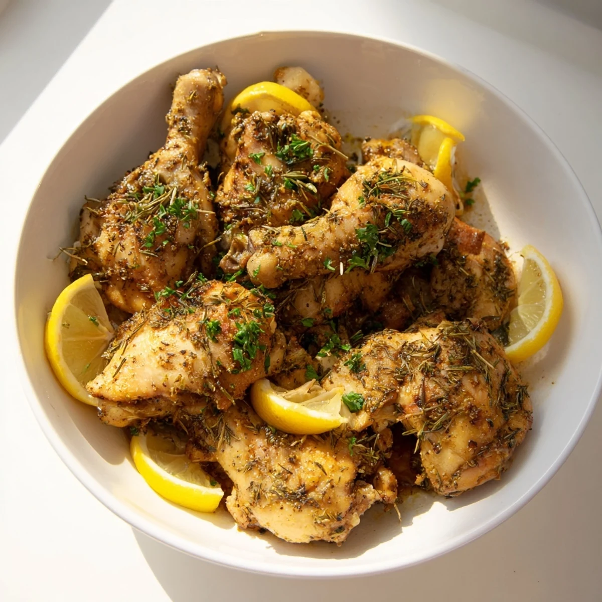 Tender, oven-baked garlic skinless chicken with lemon wedges, offering a burst of flavor in every bite.